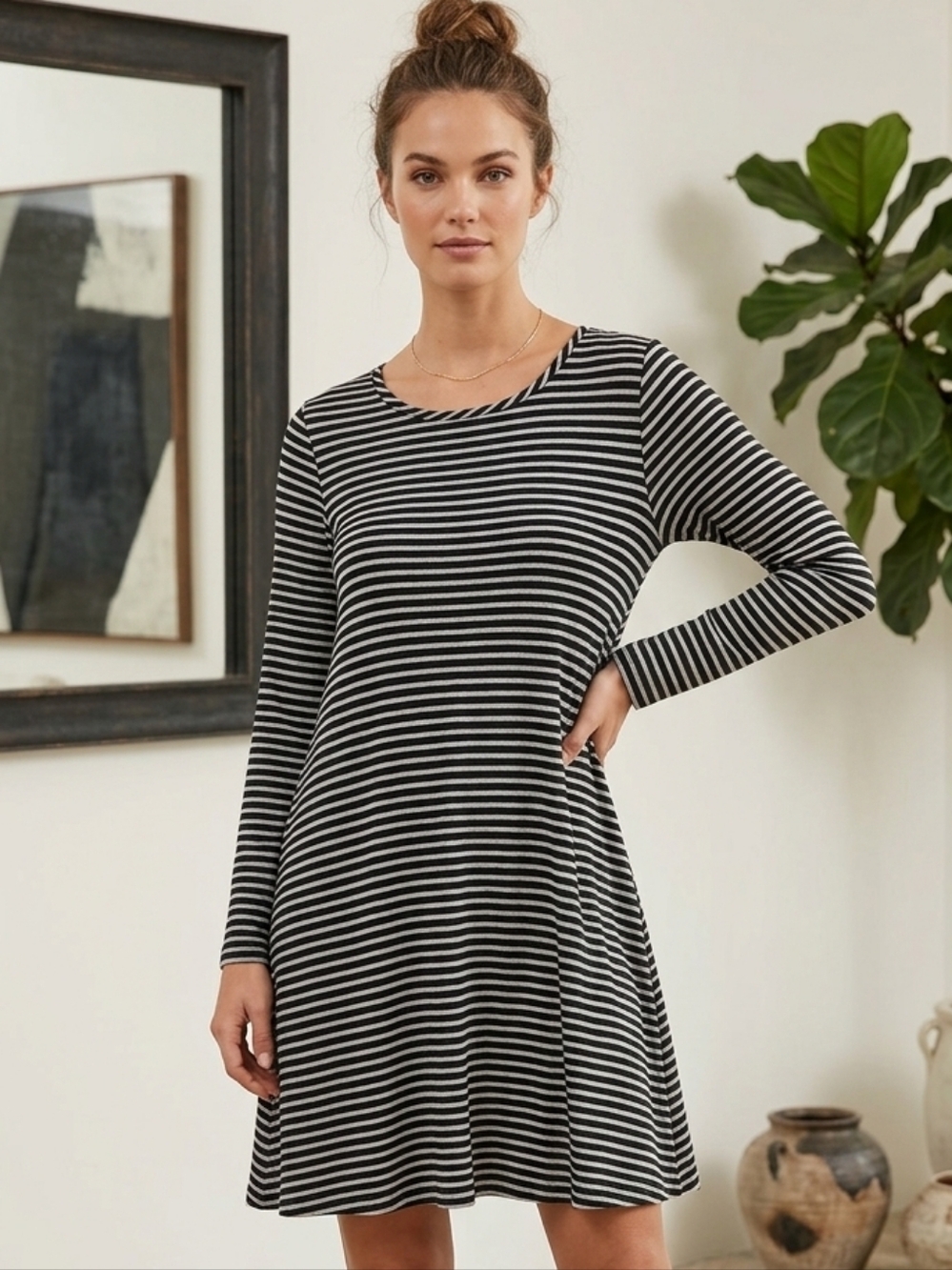 Pinc Monochrome Striped Long Sleeve Dress